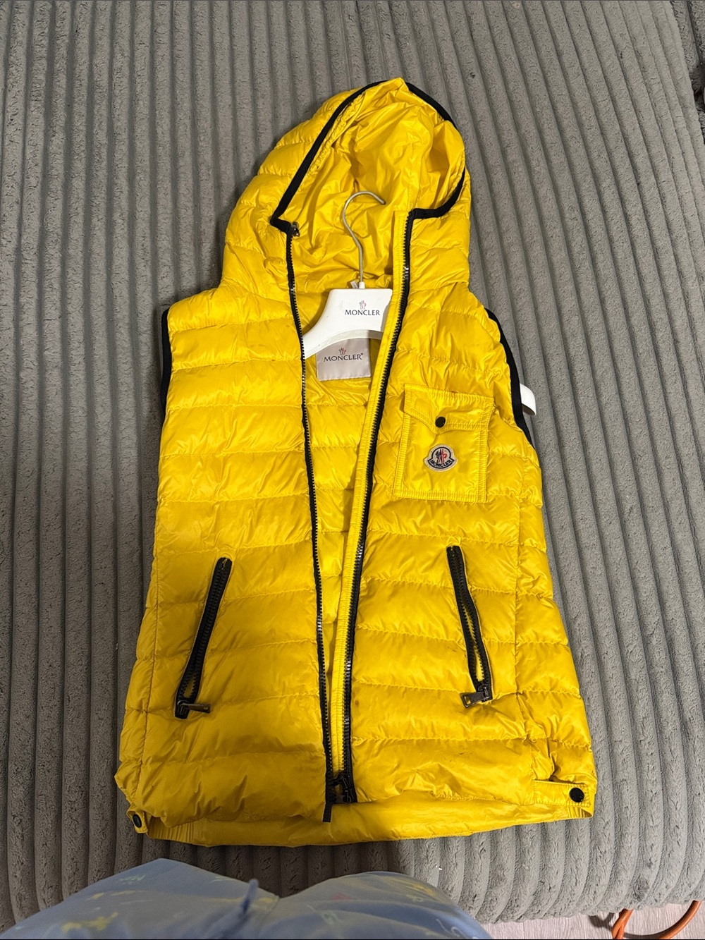 Moncler Yellow Quilted Hooded Puffer Vest with Black Trim